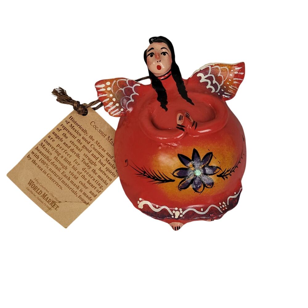 Mexican Folk Art Coconut Mask Hand Made Hand Painted Wall Decor Boho 6" NWT